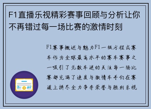 F1直播乐视精彩赛事回顾与分析让你不再错过每一场比赛的激情时刻