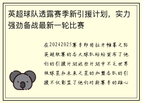 英超球队透露赛季新引援计划，实力强劲备战最新一轮比赛